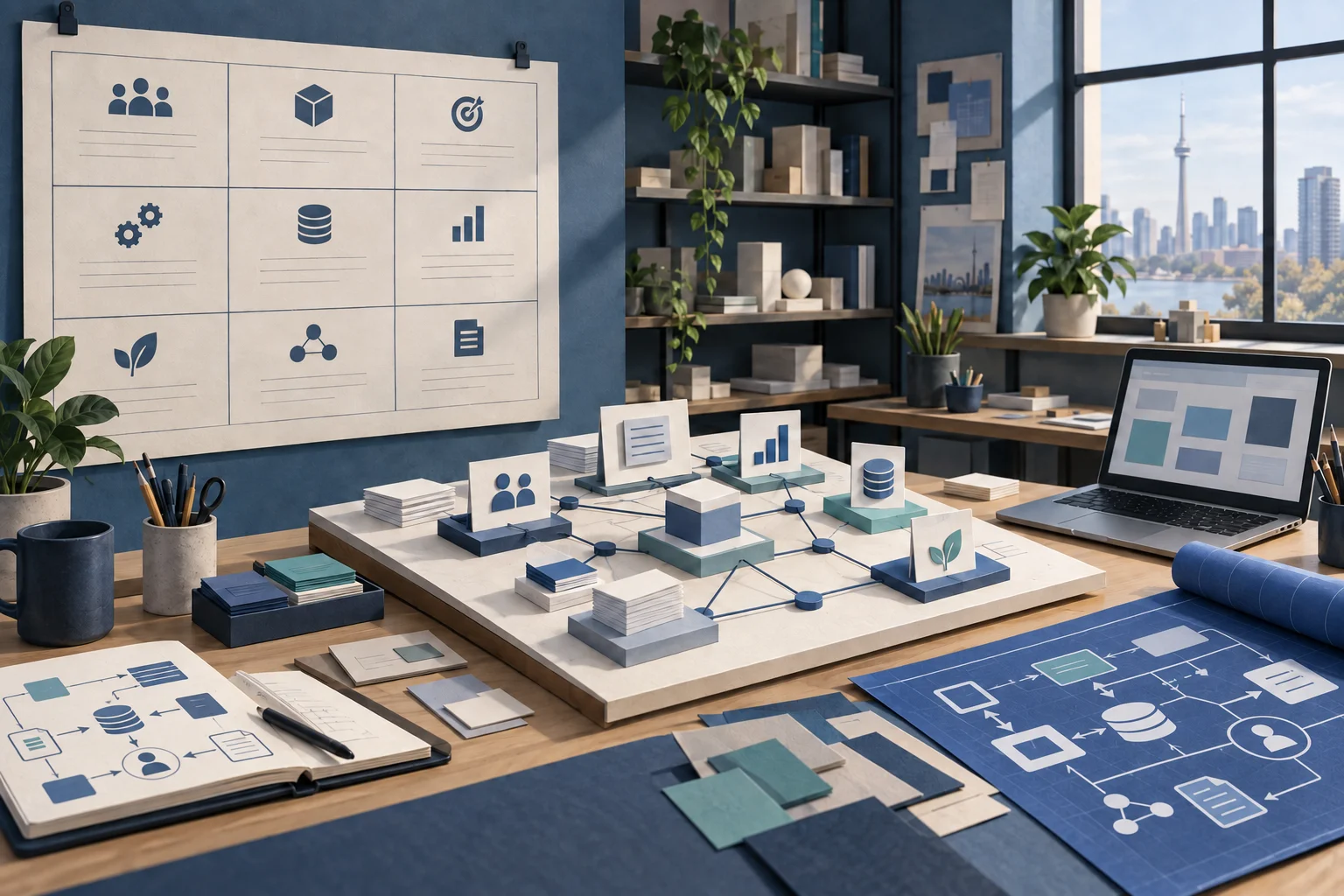 Conceptual product workspace connecting source evidence, an operating model and planning artifacts.