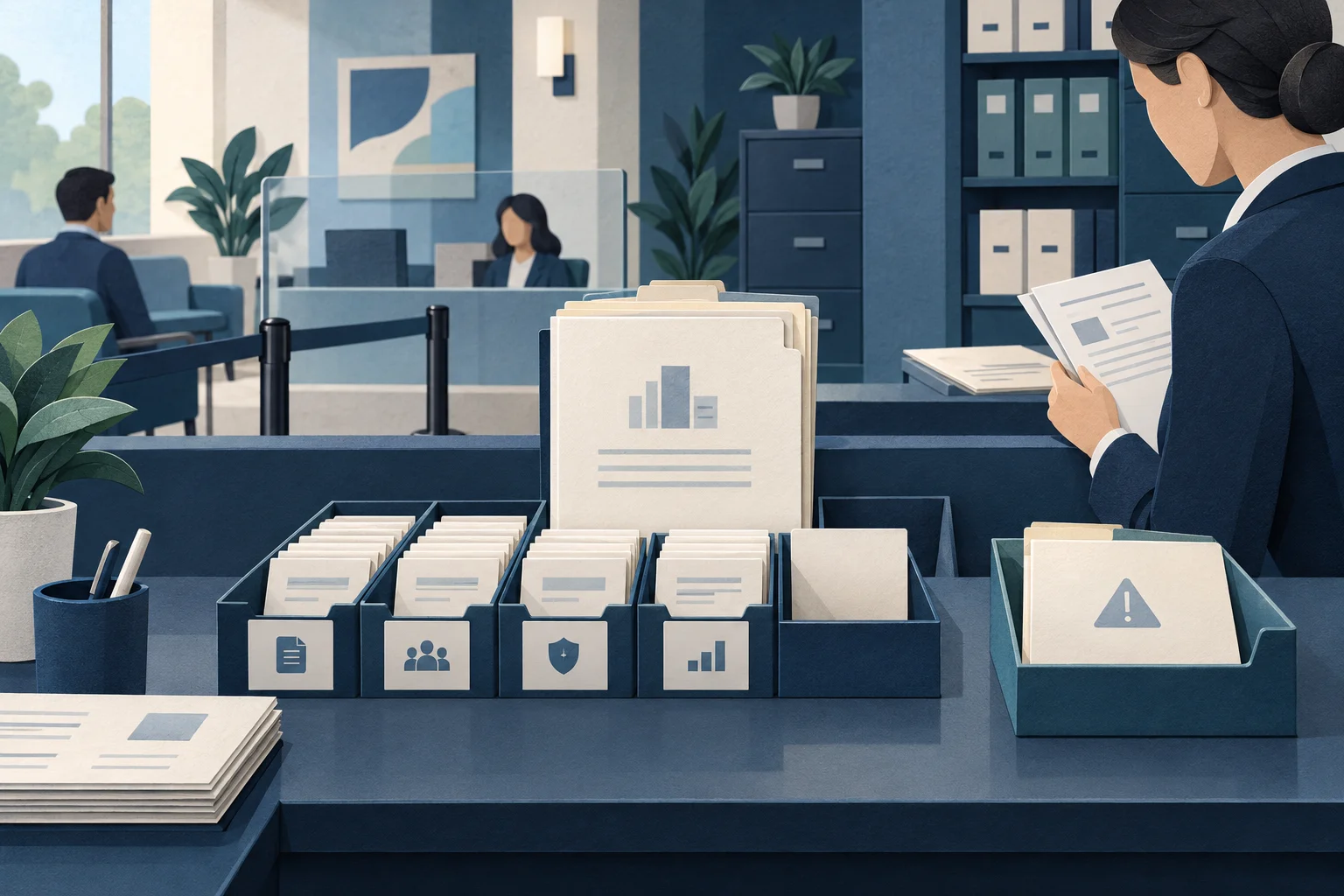 Banking operations planning illustration with service-request documents and a completeness checklist for a staff handoff.