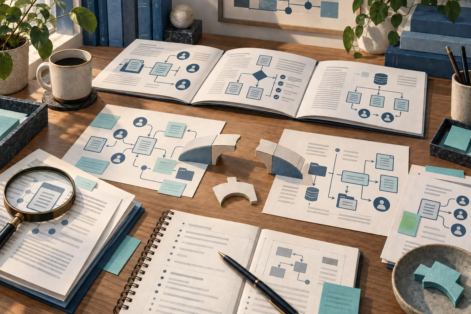 Editorial illustration of AI proposals, source evidence and annotated notes arranged for critical evaluation.