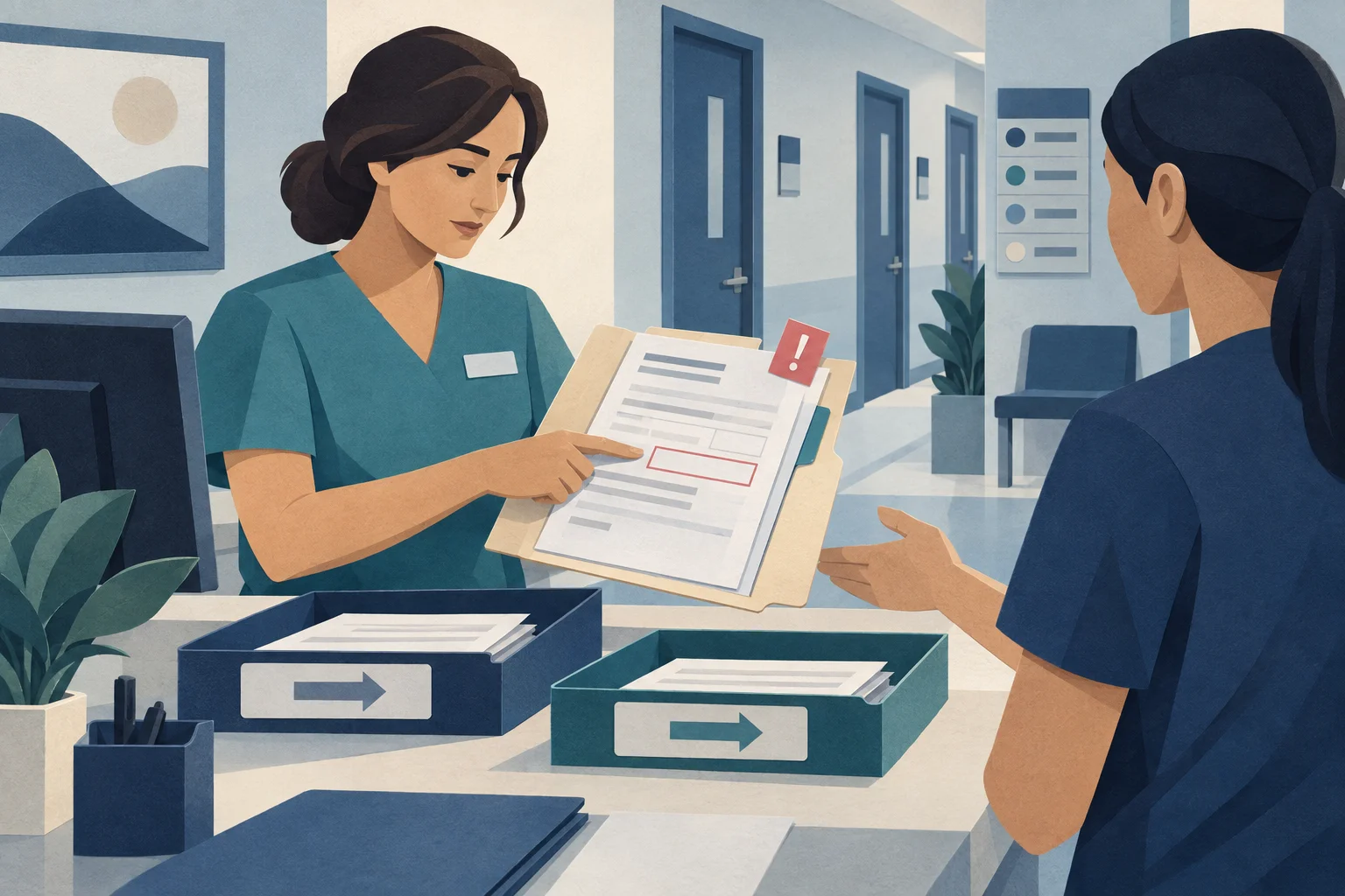 Healthcare administration planning illustration with referral paperwork and a checklist for routing a complete handoff.