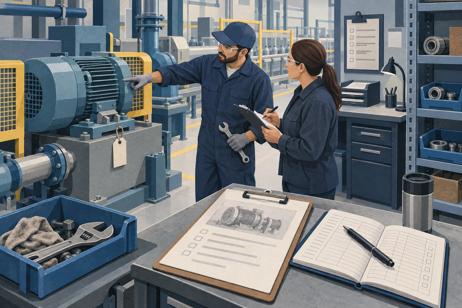 Manufacturing planning illustration of a factory maintenance handoff with equipment records and a work-order checklist.