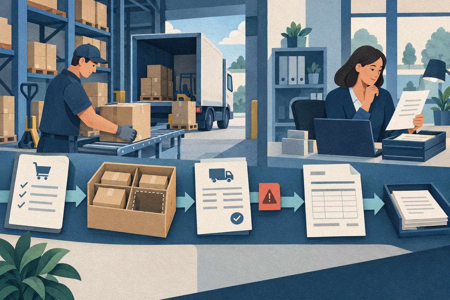Order-to-cash planning illustration connecting an order, warehouse delivery evidence and invoice records for an exception review.