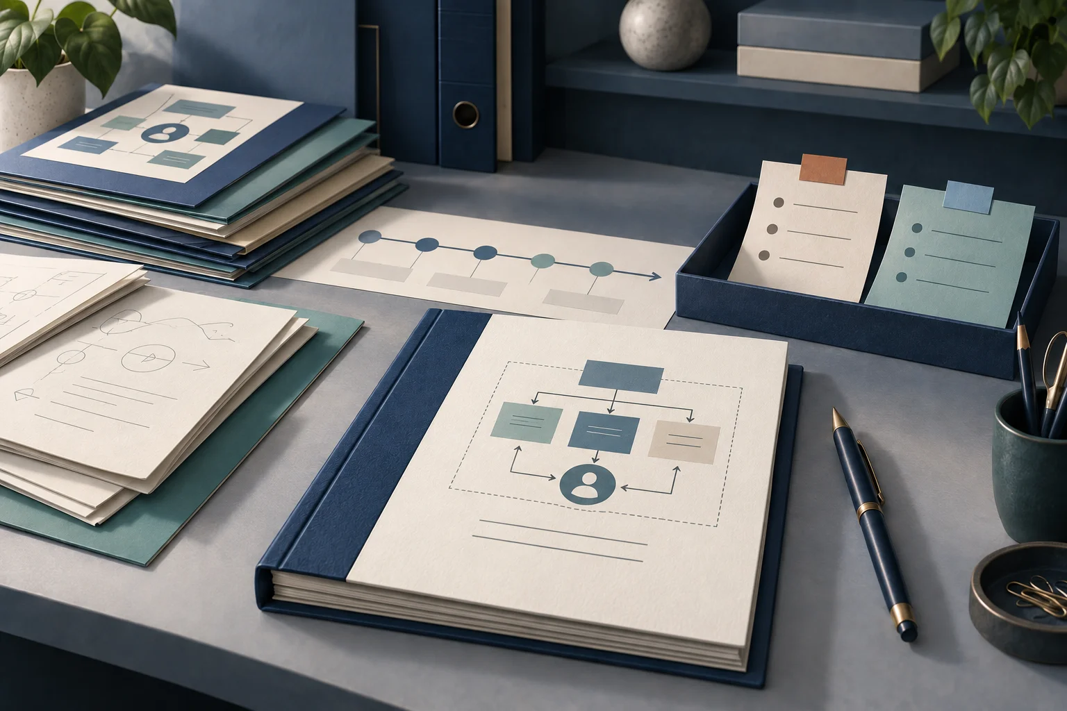 Professional services planning illustration bringing discovery notes and proposal documents into a project brief for delivery.