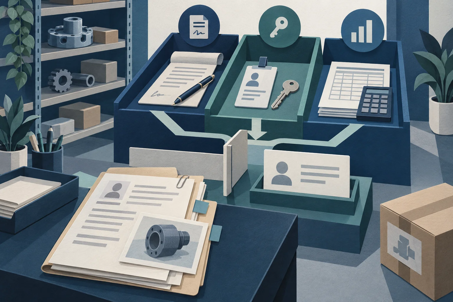 Supplier onboarding planning illustration with registration, contract, security and payment-review documents before vendor setup.